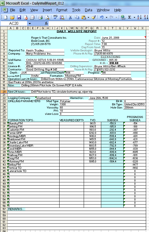 Example of a drilling report